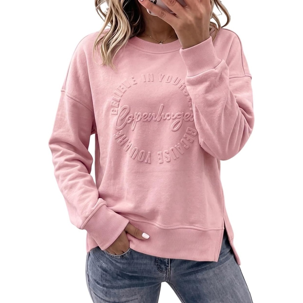 image:imageCHICME Womens Crewneck Sweatshirt Embossed Letter Print Pullover Top Loose Casual Side Slit TopPink