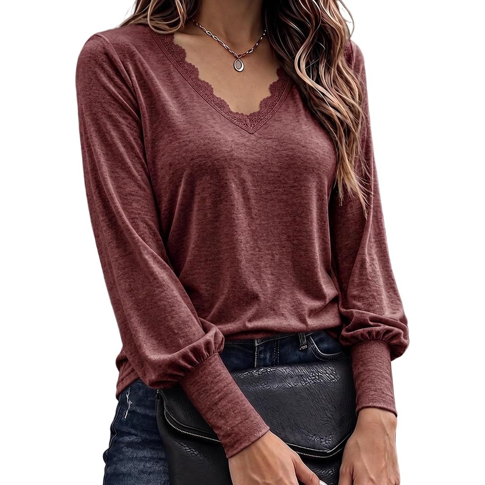 image:imageCHICME Womens Long Sleeve Dressy Casual Lace Trim VNeck Basic TopsWine Red