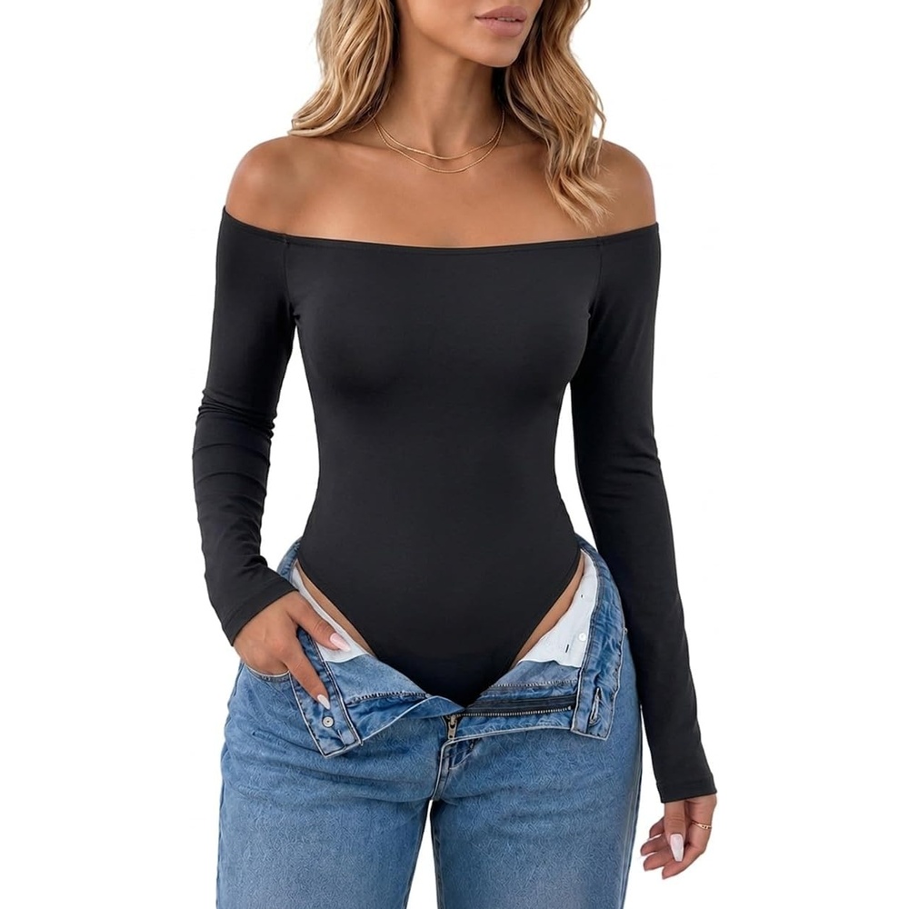 image:imageCHICME Womens Off Shoulder Double Lined Bodysuit with Builtin BraBlack