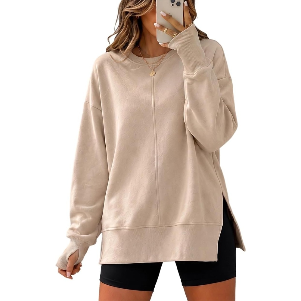 image:imageCHICME Womens Oversized Sweatshirt Crewneck Side Slit Pullover TopAkhaki