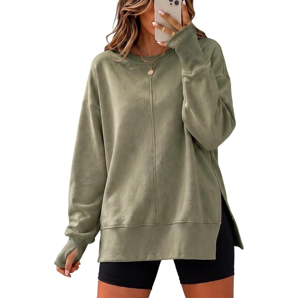 image:imageCHICME Womens Oversized Sweatshirt Crewneck Side Slit Pullover TopArmy Green