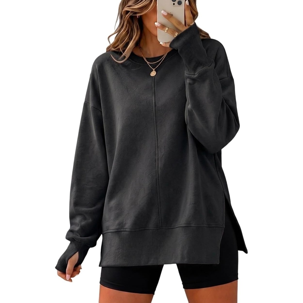 image:imageCHICME Womens Oversized Sweatshirt Crewneck Side Slit Pullover TopBlack