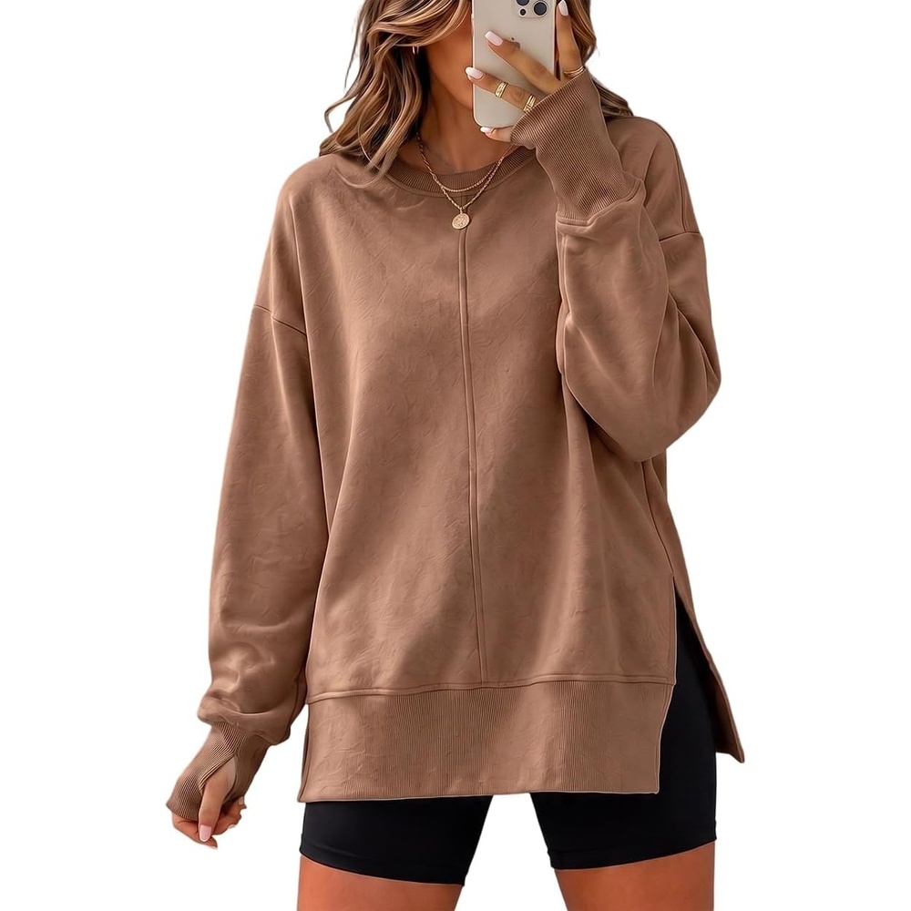 image:imageCHICME Womens Oversized Sweatshirt Crewneck Side Slit Pullover TopBrown