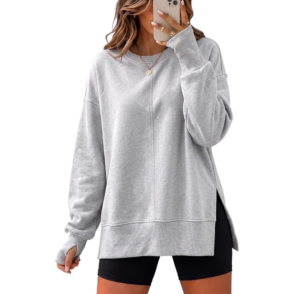 image:imageCHICME Womens Oversized Sweatshirt Crewneck Side Slit Pullover TopGray