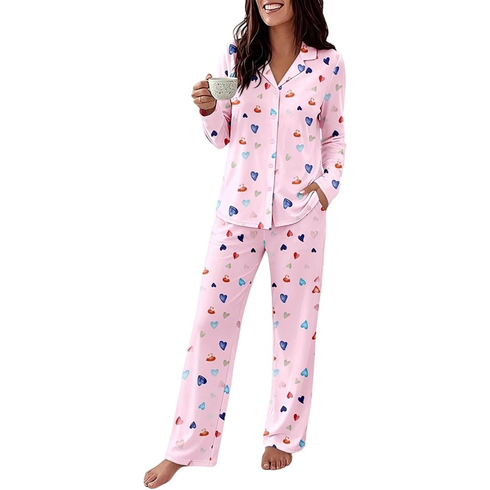 image:imageCHICME Womens Pajamas Sets 2 Piece Soft Long Sleeve Lounge Set Loose Pants Pj Sleepwear with PocketsApink