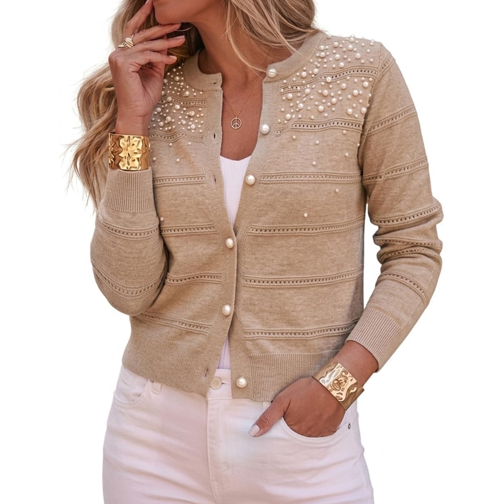 image:imageCHICME Womens Pearl Beaded Knit Cardigan Long Sleeve Cropped SweaterKhaki