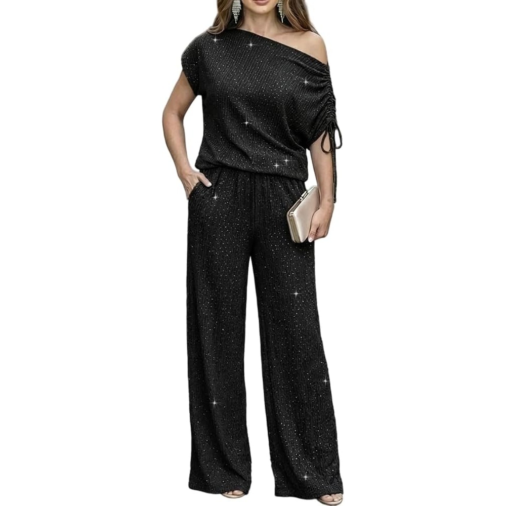 image:imageCHICME Womens Rhinestone 2 Piece Set Cold Shoulder Top Wide Leg PantsAblack