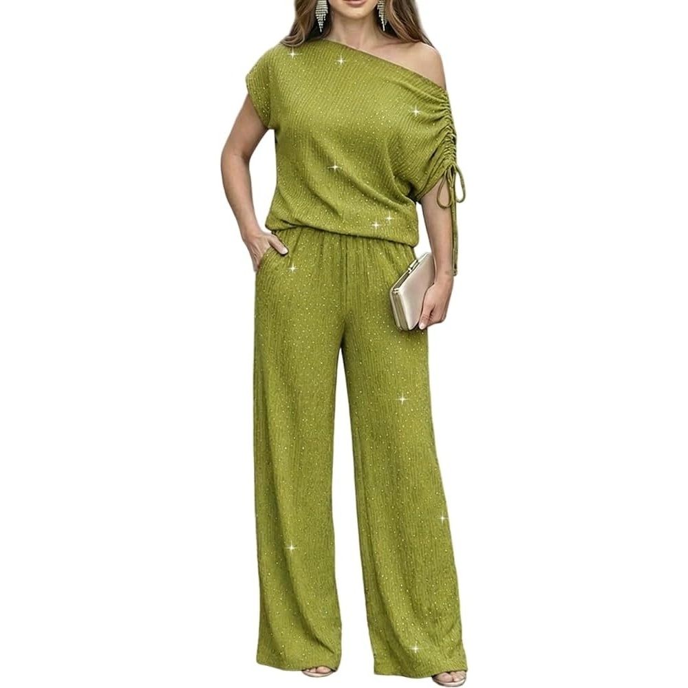 image:imageCHICME Womens Rhinestone 2 Piece Set Cold Shoulder Top Wide Leg PantsGreen