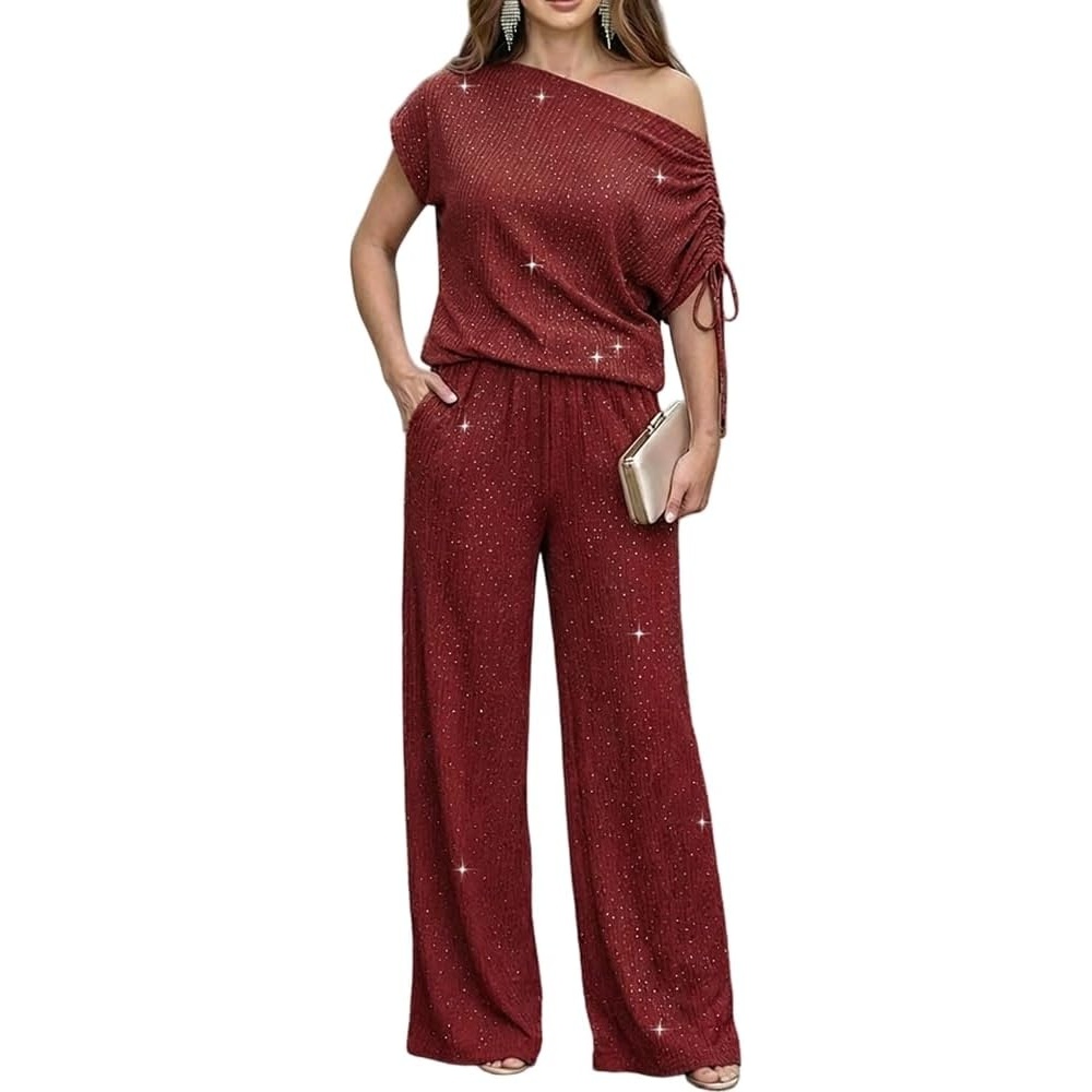 image:imageCHICME Womens Rhinestone 2 Piece Set Cold Shoulder Top Wide Leg PantsWine Red