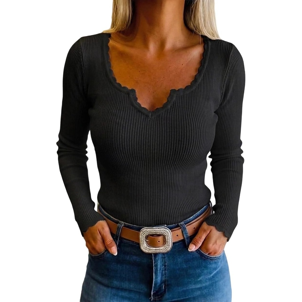 image:imageCHICME Womens Ribbed Knit Long Sleeve Henley Tops Basic TeesBlack
