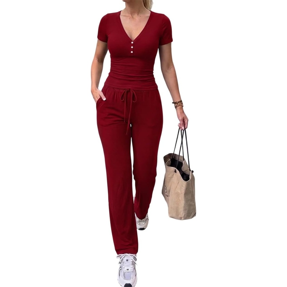 image:imageCHICME Womens Ribbed Knit Lounge Set Henley Top and PantsDark Red