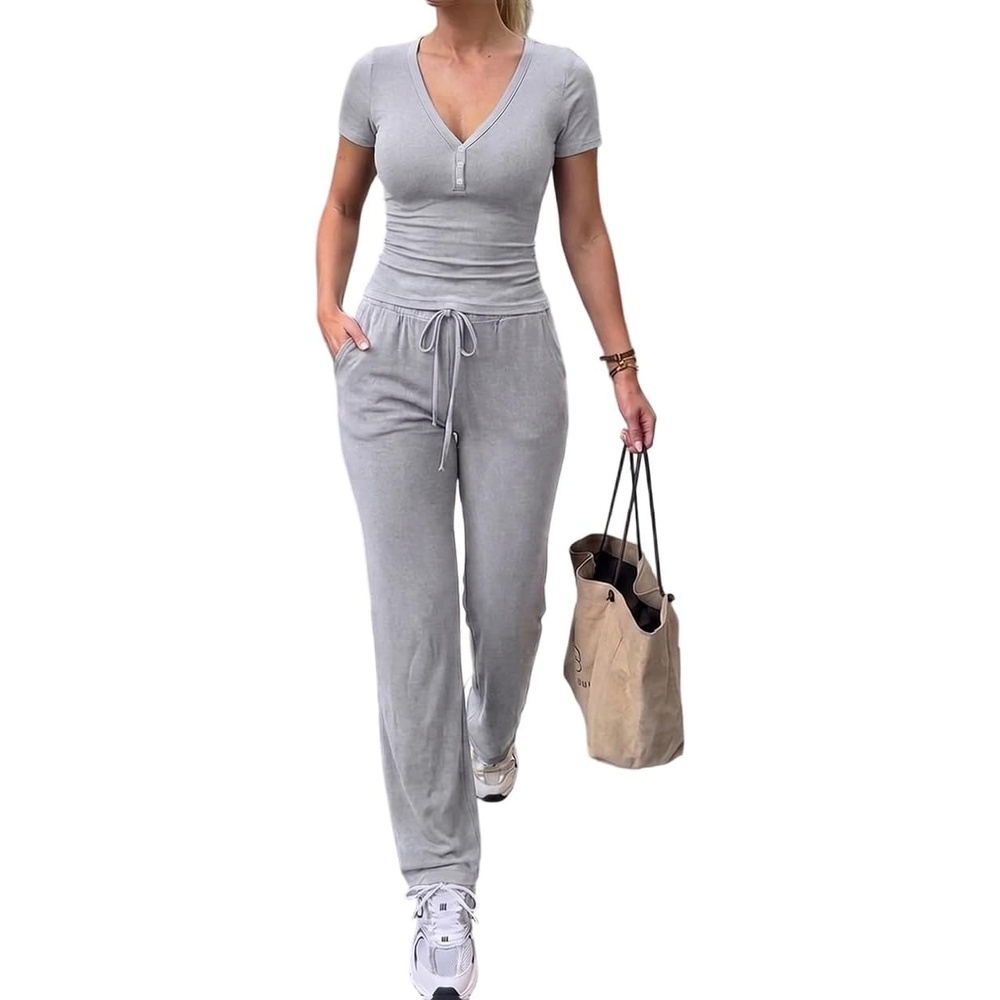image:imageCHICME Womens Ribbed Knit Lounge Set Henley Top and PantsLight Gray