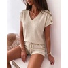 CHICME 2 Piece Short Sets for Women Ribbed Knit Lounge Outfits(Apricot)