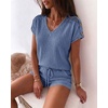 CHICME 2 Piece Short Sets for Women Ribbed Knit Lounge Outfits(Blue)