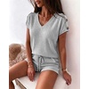 CHICME 2 Piece Short Sets for Women Ribbed Knit Lounge Outfits(Gray)