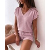 CHICME 2 Piece Short Sets for Women Ribbed Knit Lounge Outfits(Pink)