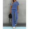 CHICME Women’s 2 Piece Knit Lounge Set Short Sleeve(Blue)