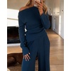 CHICME Womens 2 Piece Outfit Ribbed Knit Lounge Set Wide Leg Pants Set(Dark Blue)
