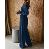 CHICME Womens 2 Piece Outfit Ribbed Knit Lounge Set Wide Leg Pants Set(Dark Blue)