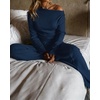 CHICME Womens 2 Piece Outfit Ribbed Knit Lounge Set Wide Leg Pants Set(Dark Blue)