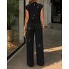 CHICME Women’s 2 Piece Rhinestone Textured Dressy Wide Leg Pants Set(Black)