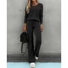 CHICME Women’s 2 Piece Ribbed Knit Lounge Set Wide Leg Pants(Black)