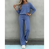 CHICME Women’s 2 Piece Ribbed Knit Lounge Set Wide Leg Pants(Blue)