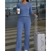 CHICME Women’s 2 Piece Ribbed Knit Lounge Set Wide Leg Pants(Blue)