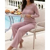 CHICME Women’s 2 Piece Ribbed Knit Lounge Set Wide Leg Pants(Pink)