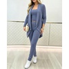 CHICME Women’s 3 Piece Lounge Set Knit Cardigan High Waist Casual Pants Set(Blue)