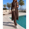 CHICME Women’s 3 Piece Lounge Set Ribbed Cardigan Tank Wide Leg Pant(Dark Brown)