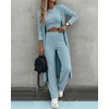 CHICME Women’s 3 Piece Lounge Set Ribbed Cardigan Tank Wide Leg Pant(Lighted Blue)