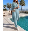CHICME Women’s 3 Piece Lounge Set Ribbed Cardigan Tank Wide Leg Pant(Lighted Blue)