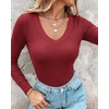 CHICME Women’s Built-in Bra Long Sleeve Ribbed Knit Top(E-wine Red)