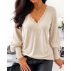 CHICME Women’s Long Sleeve Dressy Casual Lace Trim V-Neck Basic Tops(A-apricot)