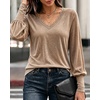 CHICME Women’s Long Sleeve Dressy Casual Lace Trim V-Neck Basic Tops(Coffee)