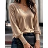 CHICME Women’s Long Sleeve Dressy Casual Lace Trim V-Neck Basic Tops(Coffee)