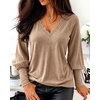 CHICME Women’s Long Sleeve Dressy Casual Lace Trim V-Neck Basic Tops(Coffee)