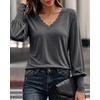 CHICME Women’s Long Sleeve Dressy Casual Lace Trim V-Neck Basic Tops(Dark Grey)