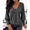 CHICME Women’s Long Sleeve Dressy Casual Lace Trim V-Neck Basic Tops(Dark Grey)