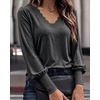 CHICME Women’s Long Sleeve Dressy Casual Lace Trim V-Neck Basic Tops(Dark Grey)
