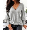 CHICME Women’s Long Sleeve Dressy Casual Lace Trim V-Neck Basic Tops(Gray)