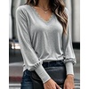 CHICME Women’s Long Sleeve Dressy Casual Lace Trim V-Neck Basic Tops(Gray)
