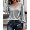CHICME Women’s Long Sleeve Dressy Casual Lace Trim V-Neck Basic Tops(Gray)