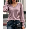 CHICME Women’s Long Sleeve Dressy Casual Lace Trim V-Neck Basic Tops(Pink)