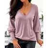 CHICME Women’s Long Sleeve Dressy Casual Lace Trim V-Neck Basic Tops(Pink)