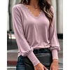 CHICME Women’s Long Sleeve Dressy Casual Lace Trim V-Neck Basic Tops(Pink)