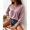 CHICME Women’s Long Sleeve Dressy Casual Lace Trim V-Neck Basic Tops(Pink)