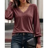 CHICME Women’s Long Sleeve Dressy Casual Lace Trim V-Neck Basic Tops(Wine Red)