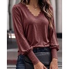 CHICME Women’s Long Sleeve Dressy Casual Lace Trim V-Neck Basic Tops(Wine Red)